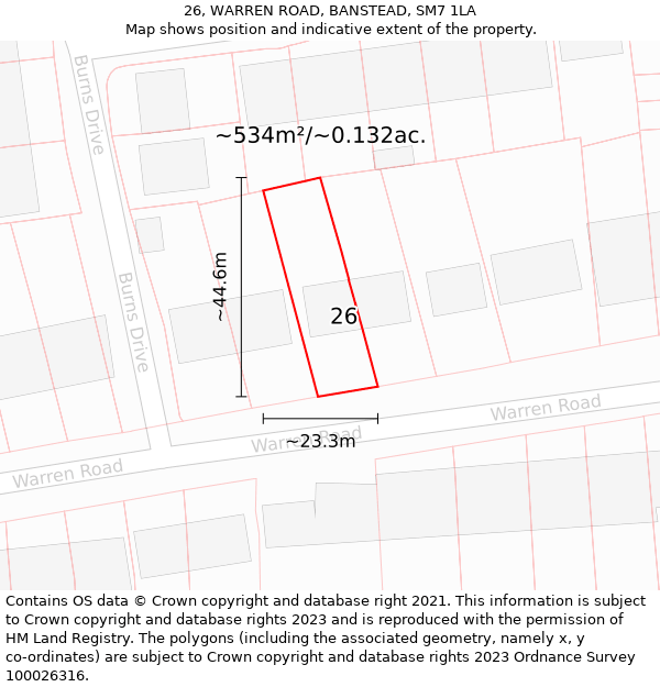 26, WARREN ROAD, BANSTEAD, SM7 1LA: Plot and title map