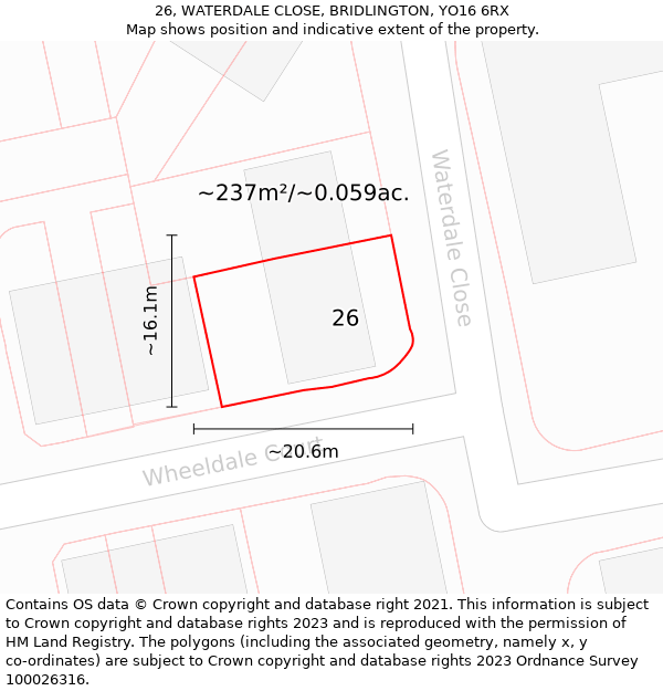 26, WATERDALE CLOSE, BRIDLINGTON, YO16 6RX: Plot and title map