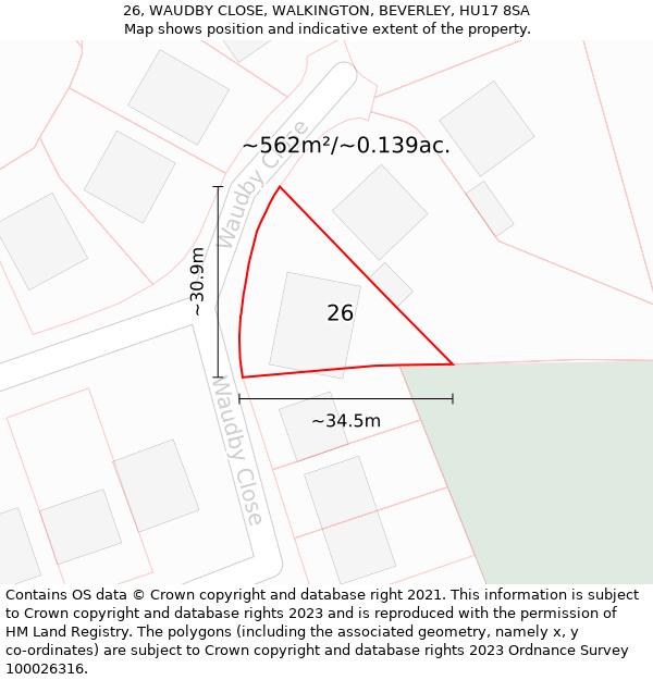 26, WAUDBY CLOSE, WALKINGTON, BEVERLEY, HU17 8SA: Plot and title map