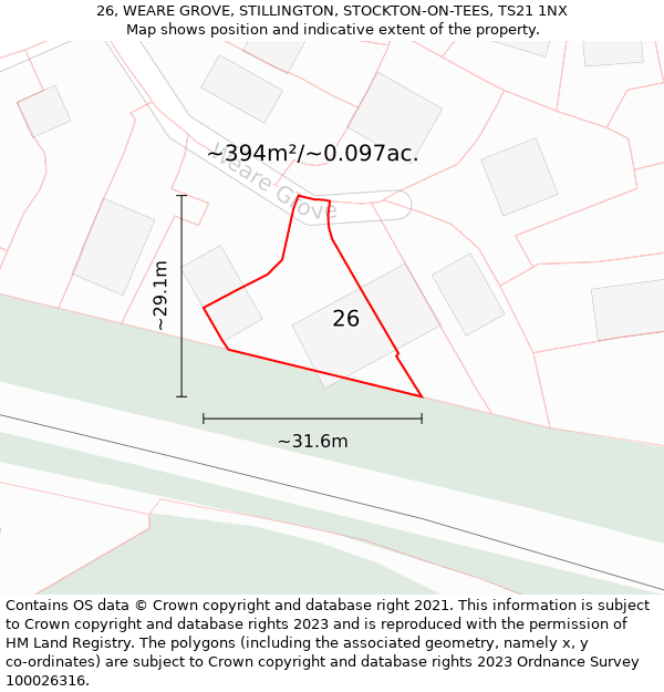 26, WEARE GROVE, STILLINGTON, STOCKTON-ON-TEES, TS21 1NX: Plot and title map