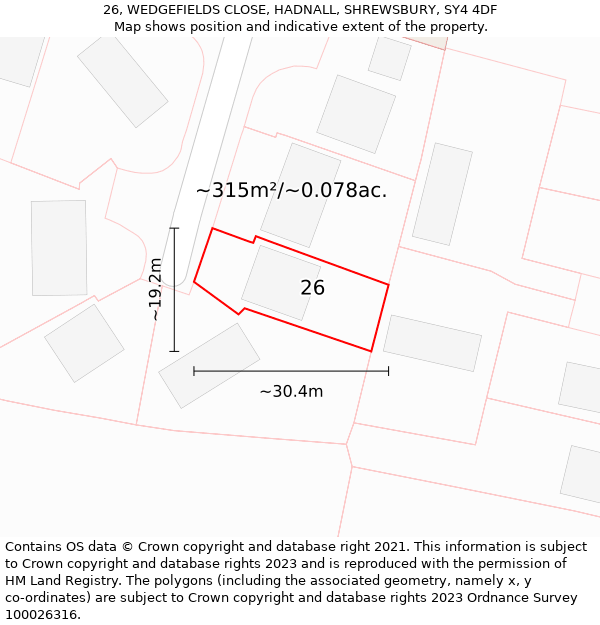 26, WEDGEFIELDS CLOSE, HADNALL, SHREWSBURY, SY4 4DF: Plot and title map