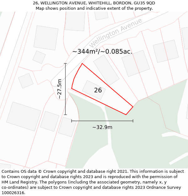 26, WELLINGTON AVENUE, WHITEHILL, BORDON, GU35 9QD: Plot and title map