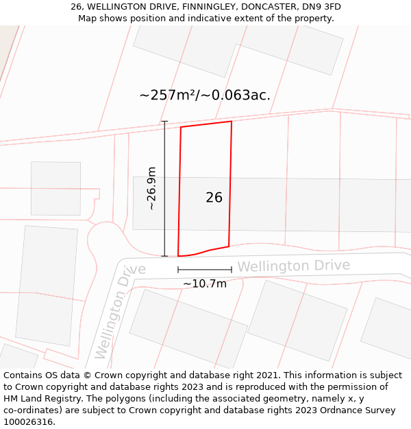 26, WELLINGTON DRIVE, FINNINGLEY, DONCASTER, DN9 3FD: Plot and title map