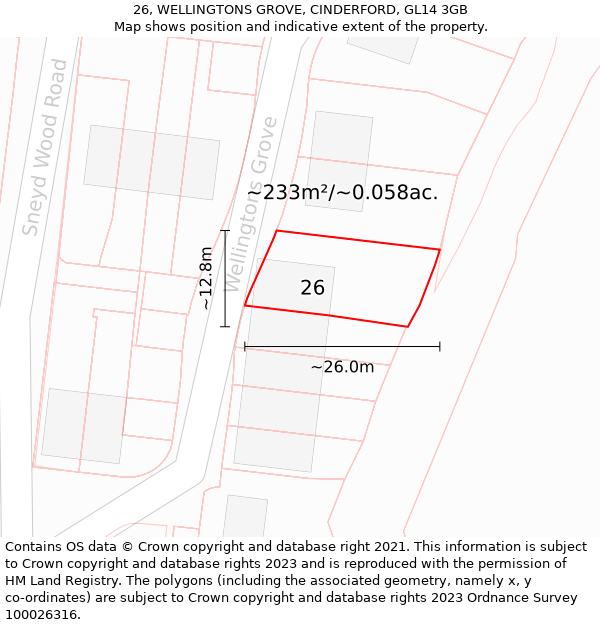 26, WELLINGTONS GROVE, CINDERFORD, GL14 3GB: Plot and title map