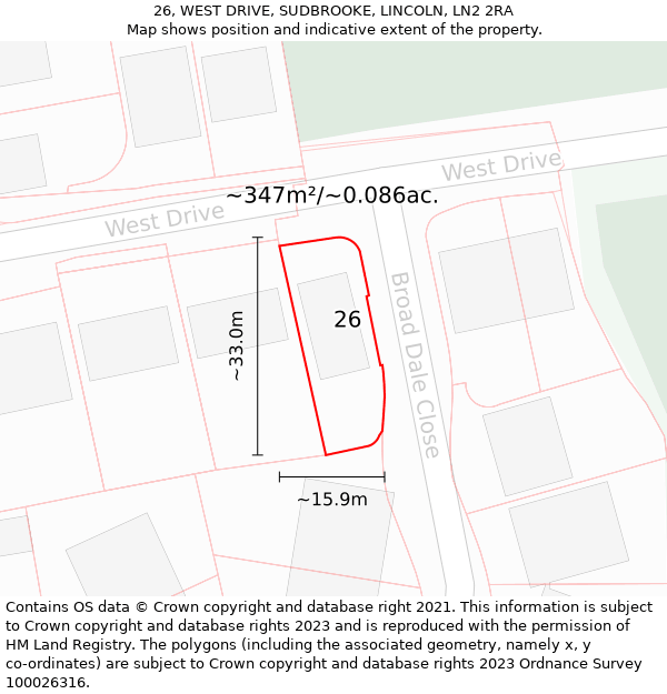 26, WEST DRIVE, SUDBROOKE, LINCOLN, LN2 2RA: Plot and title map