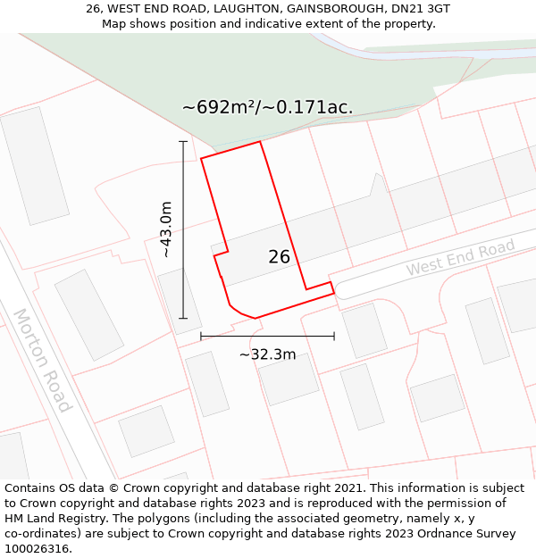 26, WEST END ROAD, LAUGHTON, GAINSBOROUGH, DN21 3GT: Plot and title map