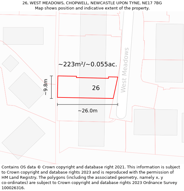 26, WEST MEADOWS, CHOPWELL, NEWCASTLE UPON TYNE, NE17 7BG: Plot and title map