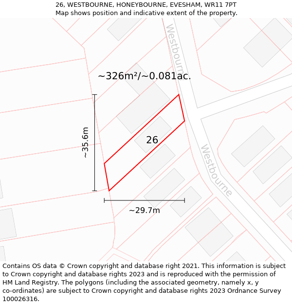 26, WESTBOURNE, HONEYBOURNE, EVESHAM, WR11 7PT: Plot and title map