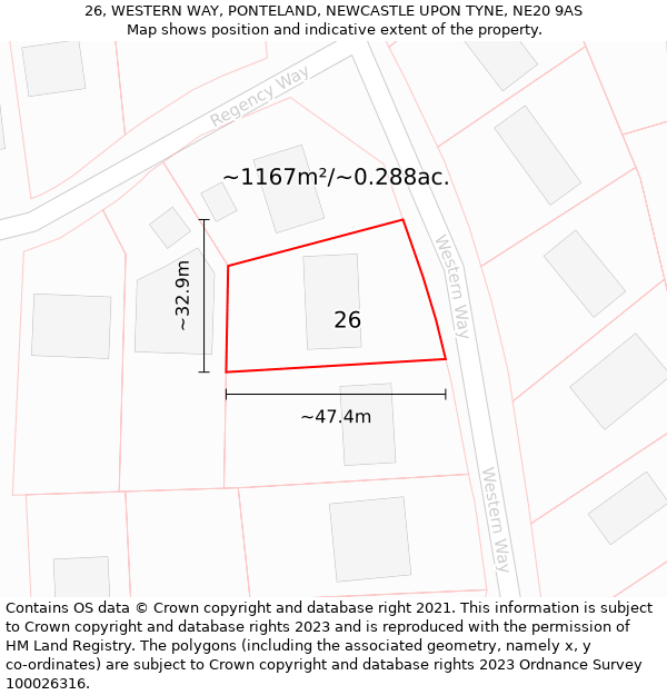 26, WESTERN WAY, PONTELAND, NEWCASTLE UPON TYNE, NE20 9AS: Plot and title map