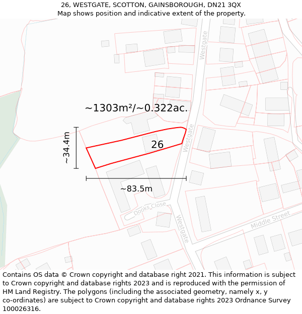 26, WESTGATE, SCOTTON, GAINSBOROUGH, DN21 3QX: Plot and title map