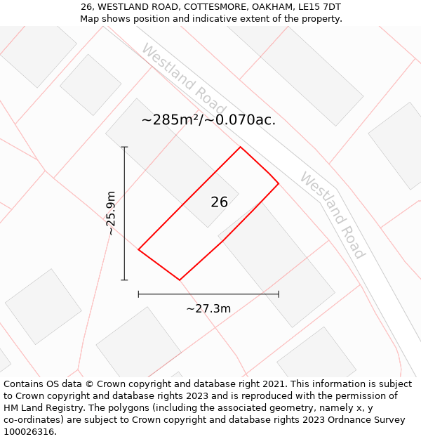 26, WESTLAND ROAD, COTTESMORE, OAKHAM, LE15 7DT: Plot and title map