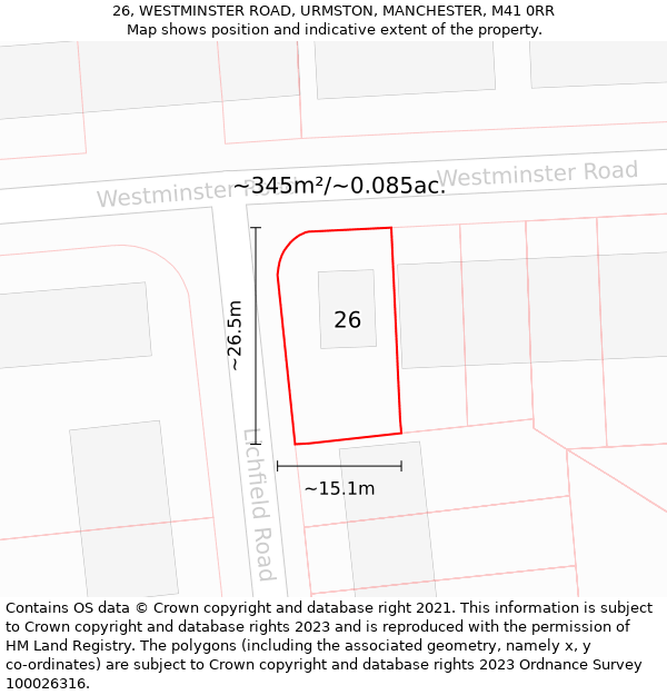 26, WESTMINSTER ROAD, URMSTON, MANCHESTER, M41 0RR: Plot and title map