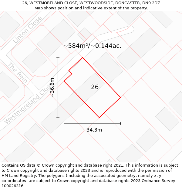 26, WESTMORELAND CLOSE, WESTWOODSIDE, DONCASTER, DN9 2DZ: Plot and title map