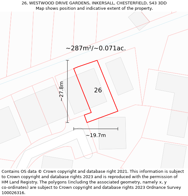 26, WESTWOOD DRIVE GARDENS, INKERSALL, CHESTERFIELD, S43 3DD: Plot and title map