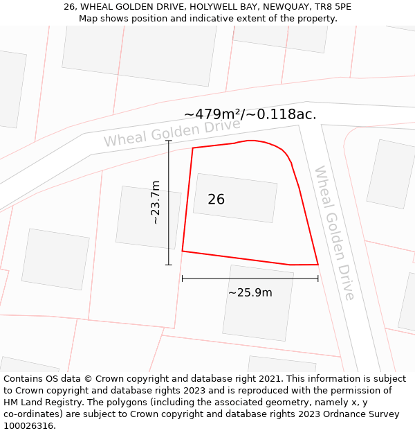 26, WHEAL GOLDEN DRIVE, HOLYWELL BAY, NEWQUAY, TR8 5PE: Plot and title map