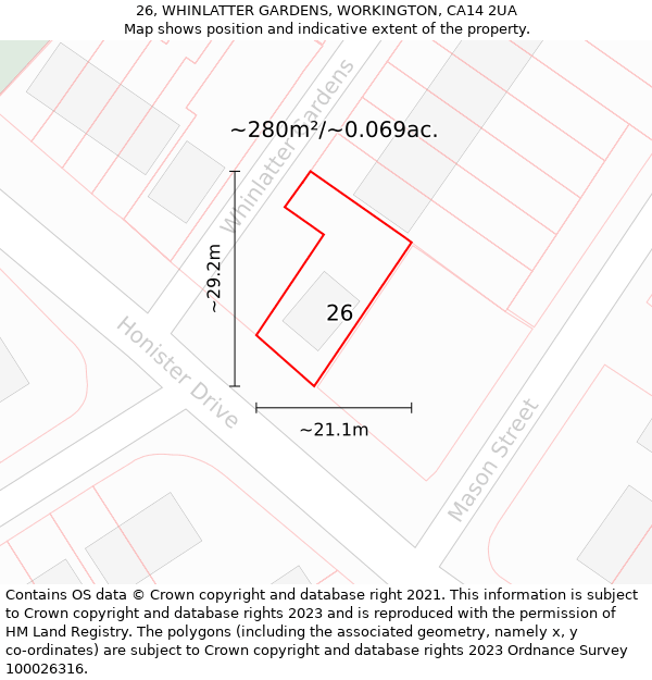 26, WHINLATTER GARDENS, WORKINGTON, CA14 2UA: Plot and title map