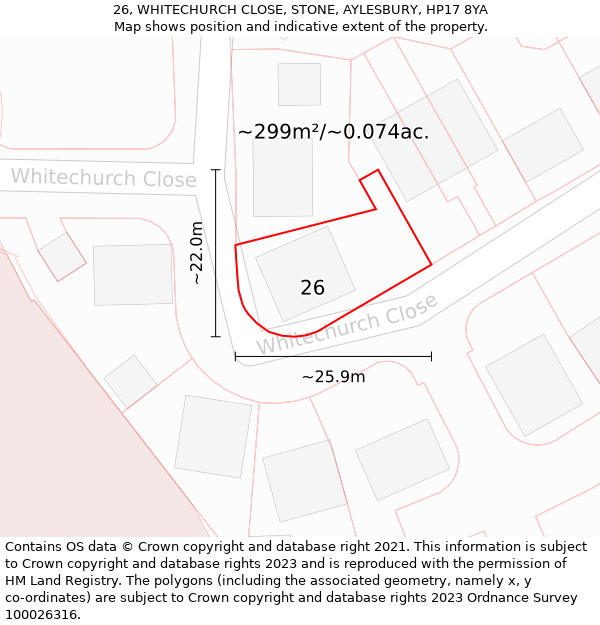 26, WHITECHURCH CLOSE, STONE, AYLESBURY, HP17 8YA: Plot and title map