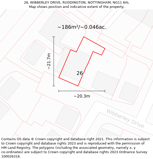 26, WIBBERLEY DRIVE, RUDDINGTON, NOTTINGHAM, NG11 6AL: Plot and title map