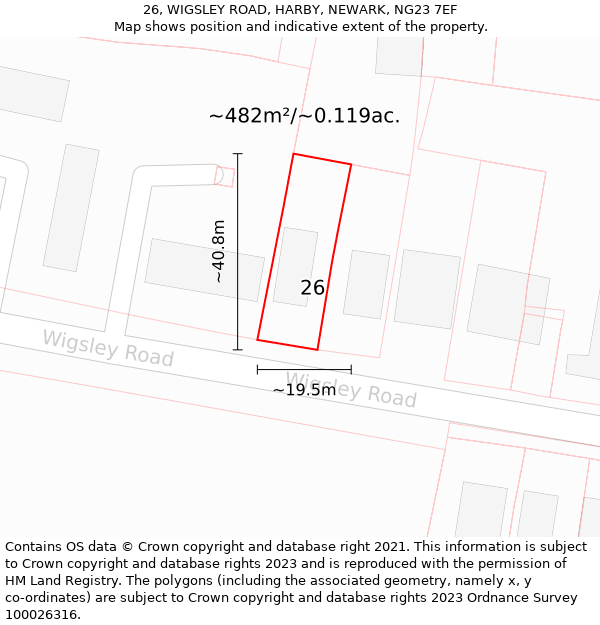 26, WIGSLEY ROAD, HARBY, NEWARK, NG23 7EF: Plot and title map