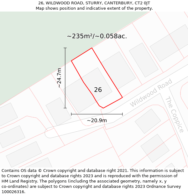 26, WILDWOOD ROAD, STURRY, CANTERBURY, CT2 0JT: Plot and title map