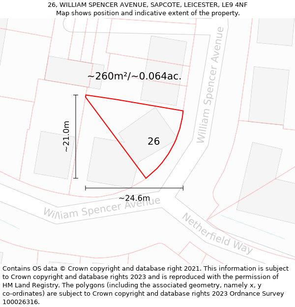 26, WILLIAM SPENCER AVENUE, SAPCOTE, LEICESTER, LE9 4NF: Plot and title map