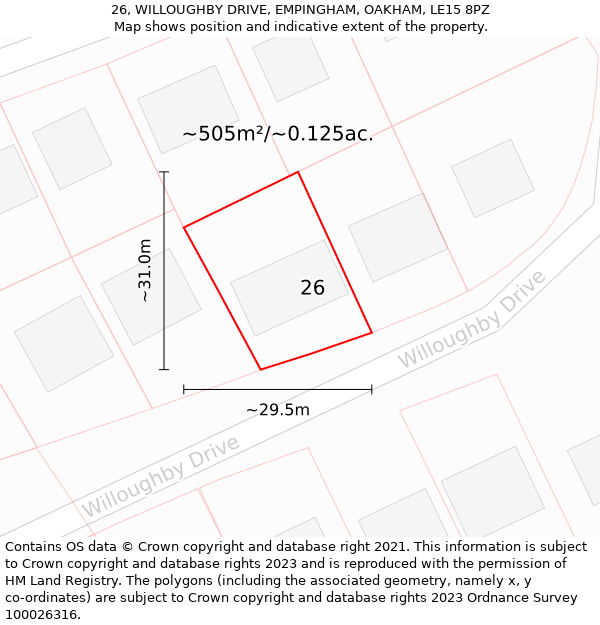 26, WILLOUGHBY DRIVE, EMPINGHAM, OAKHAM, LE15 8PZ: Plot and title map