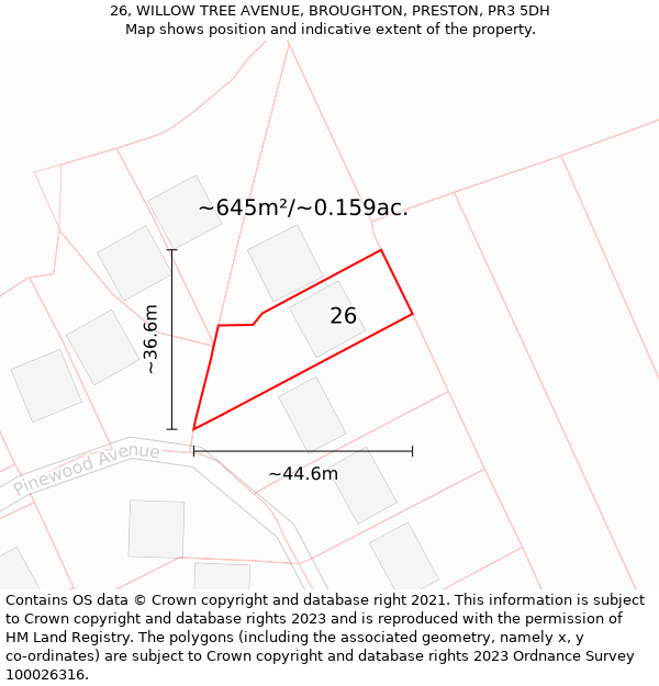 26, WILLOW TREE AVENUE, BROUGHTON, PRESTON, PR3 5DH: Plot and title map