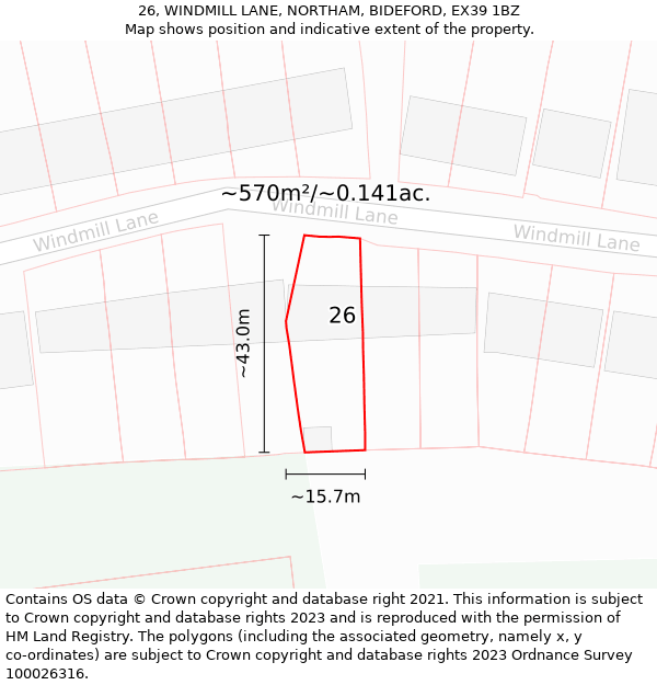 26, WINDMILL LANE, NORTHAM, BIDEFORD, EX39 1BZ: Plot and title map