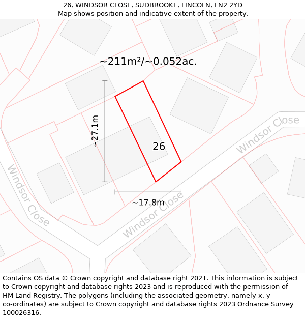 26, WINDSOR CLOSE, SUDBROOKE, LINCOLN, LN2 2YD: Plot and title map