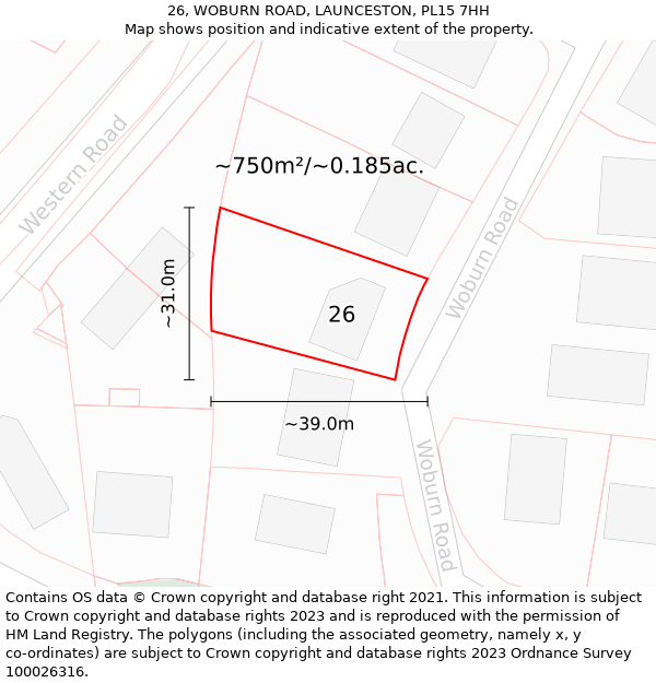 26, WOBURN ROAD, LAUNCESTON, PL15 7HH: Plot and title map