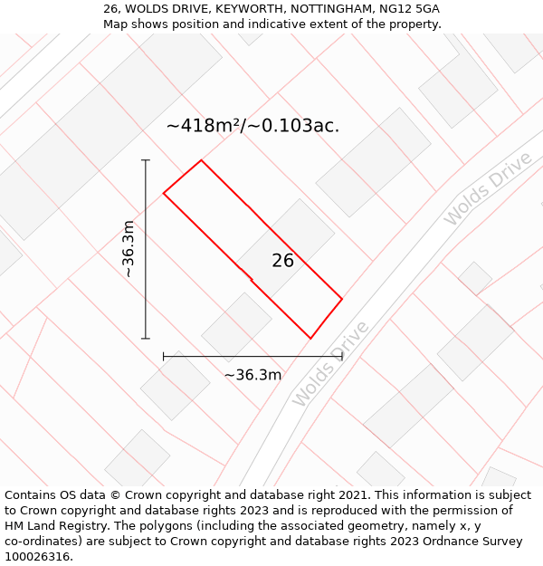 26, WOLDS DRIVE, KEYWORTH, NOTTINGHAM, NG12 5GA: Plot and title map