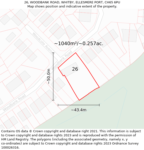 26, WOODBANK ROAD, WHITBY, ELLESMERE PORT, CH65 6PU: Plot and title map