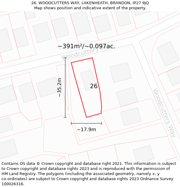 26, WOODCUTTERS WAY, LAKENHEATH, BRANDON, IP27 9JQ: Plot and title map