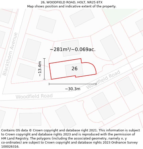 26, WOODFIELD ROAD, HOLT, NR25 6TX: Plot and title map