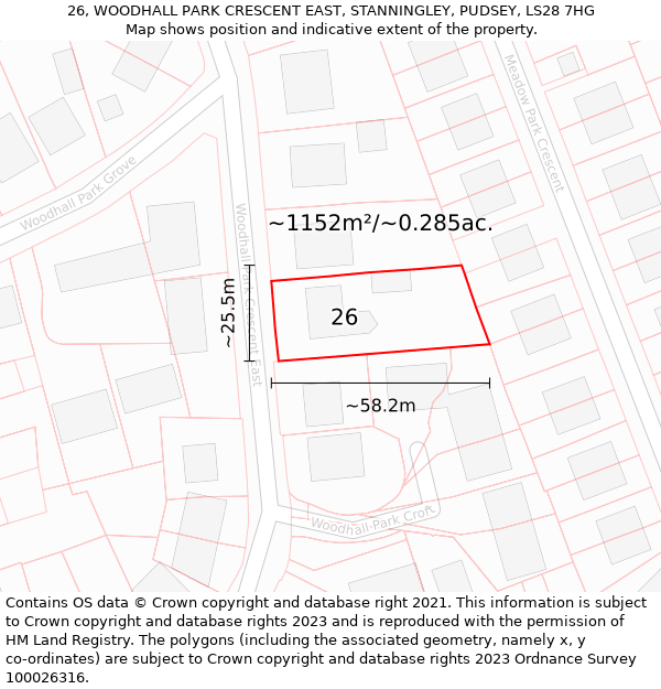 26, WOODHALL PARK CRESCENT EAST, STANNINGLEY, PUDSEY, LS28 7HG: Plot and title map