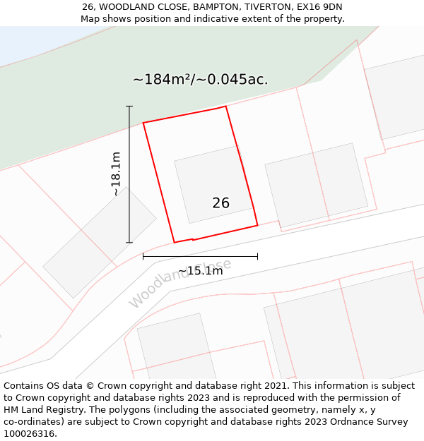 26, WOODLAND CLOSE, BAMPTON, TIVERTON, EX16 9DN: Plot and title map