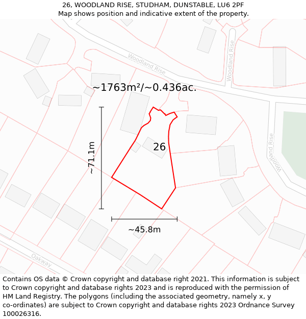 26, WOODLAND RISE, STUDHAM, DUNSTABLE, LU6 2PF: Plot and title map