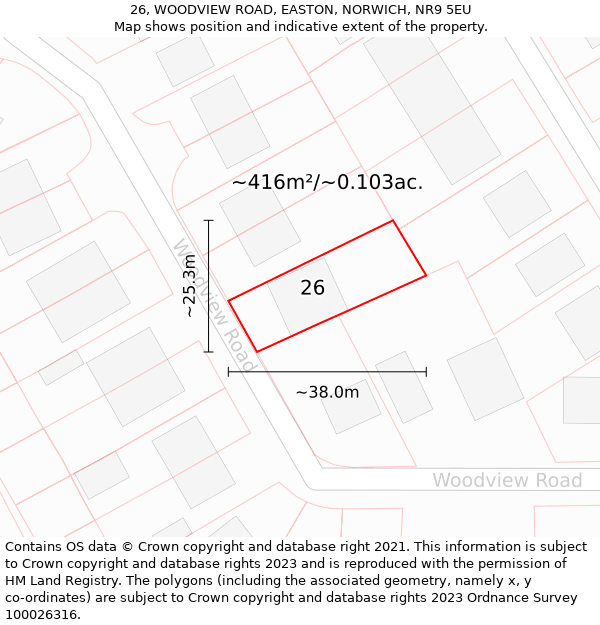 26, WOODVIEW ROAD, EASTON, NORWICH, NR9 5EU: Plot and title map