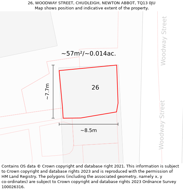 26, WOODWAY STREET, CHUDLEIGH, NEWTON ABBOT, TQ13 0JU: Plot and title map