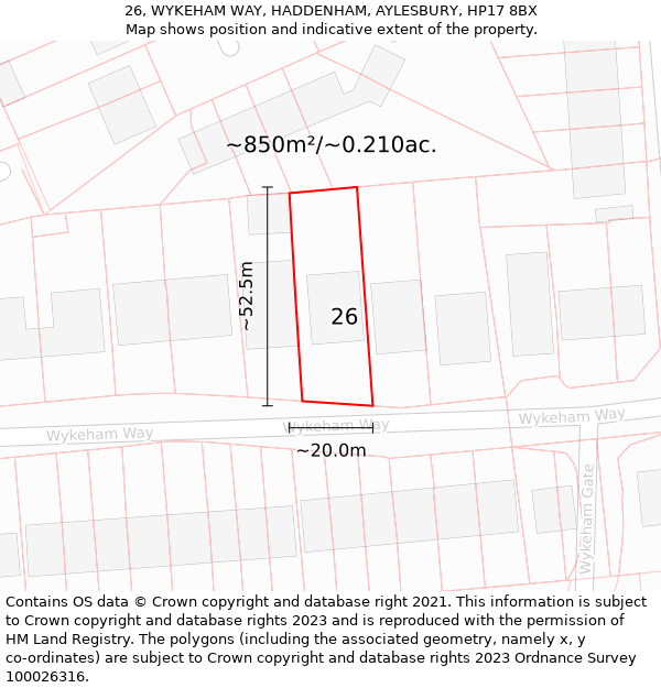 26, WYKEHAM WAY, HADDENHAM, AYLESBURY, HP17 8BX: Plot and title map