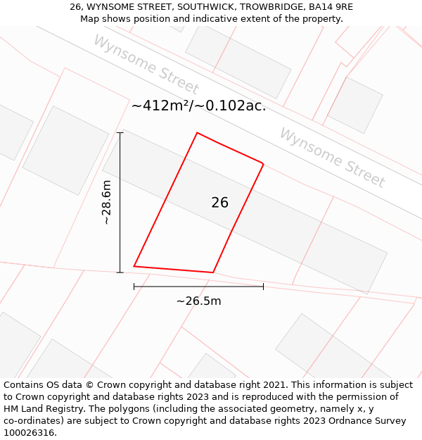 26, WYNSOME STREET, SOUTHWICK, TROWBRIDGE, BA14 9RE: Plot and title map