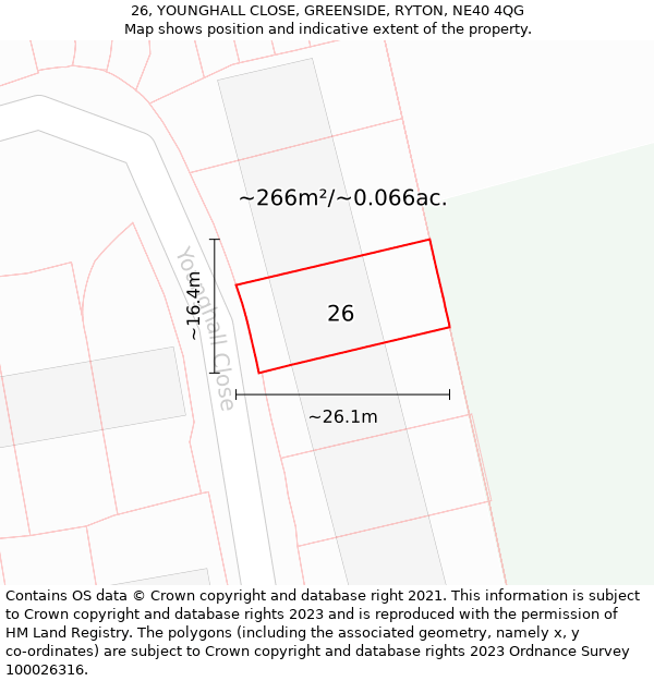 26, YOUNGHALL CLOSE, GREENSIDE, RYTON, NE40 4QG: Plot and title map