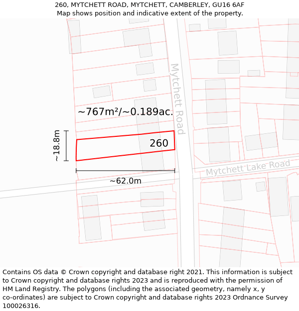 260, MYTCHETT ROAD, MYTCHETT, CAMBERLEY, GU16 6AF: Plot and title map