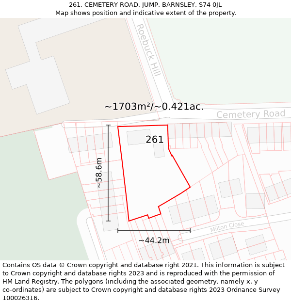 261, CEMETERY ROAD, JUMP, BARNSLEY, S74 0JL: Plot and title map