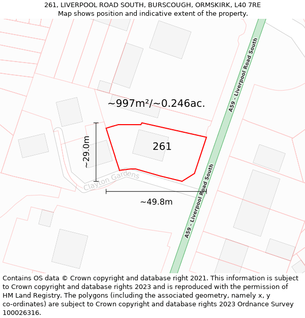 261, LIVERPOOL ROAD SOUTH, BURSCOUGH, ORMSKIRK, L40 7RE: Plot and title map