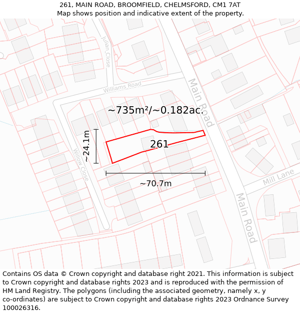 261, MAIN ROAD, BROOMFIELD, CHELMSFORD, CM1 7AT: Plot and title map