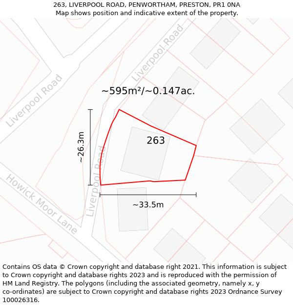 263, LIVERPOOL ROAD, PENWORTHAM, PRESTON, PR1 0NA: Plot and title map