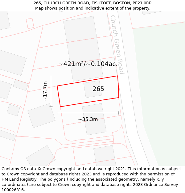 265, CHURCH GREEN ROAD, FISHTOFT, BOSTON, PE21 0RP: Plot and title map