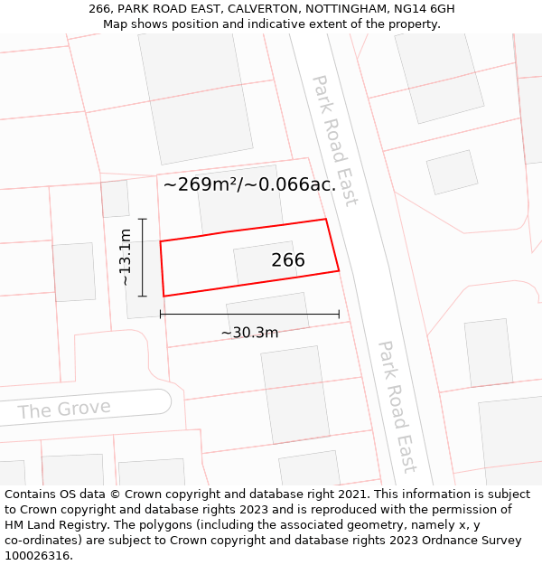 266, PARK ROAD EAST, CALVERTON, NOTTINGHAM, NG14 6GH: Plot and title map