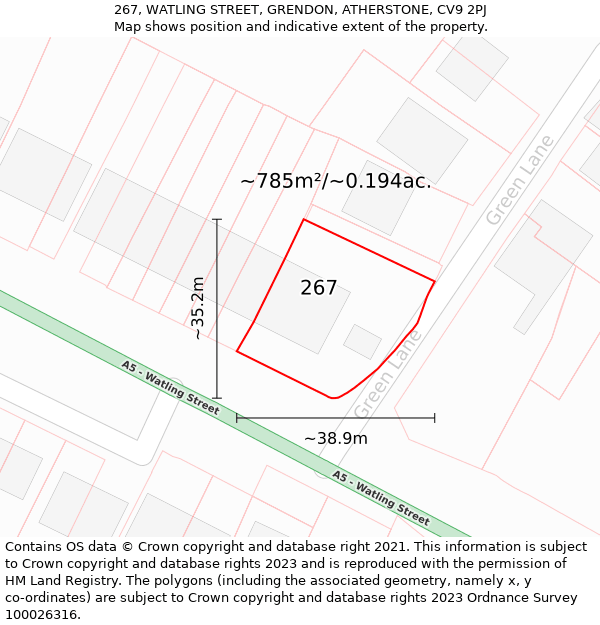267, WATLING STREET, GRENDON, ATHERSTONE, CV9 2PJ: Plot and title map